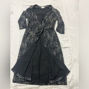 Vintage 90s La Belle Dress Medium Wrap Black Geometric Print USA